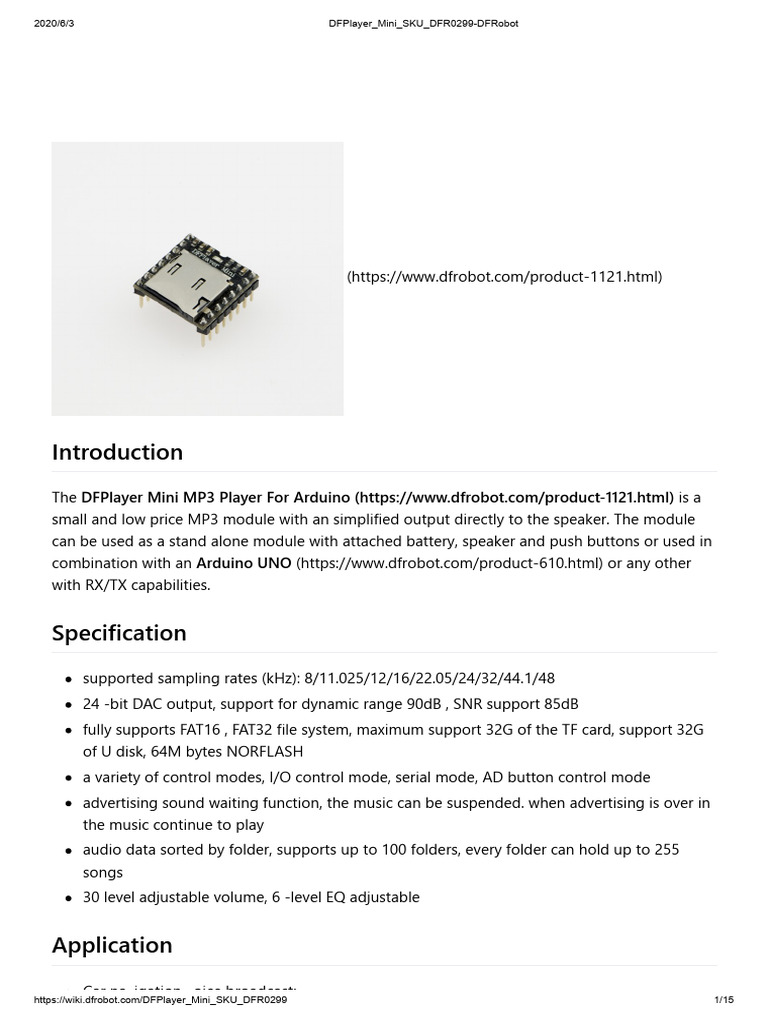 Dfplayer Mini Sku Dfr0299-Dfrobot | PDF | Arduino | Computer Science