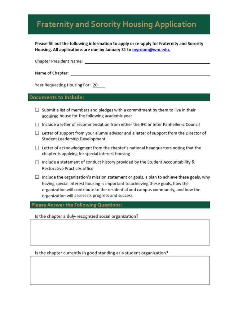 Fraternity Sorority Housing Application | PDF
