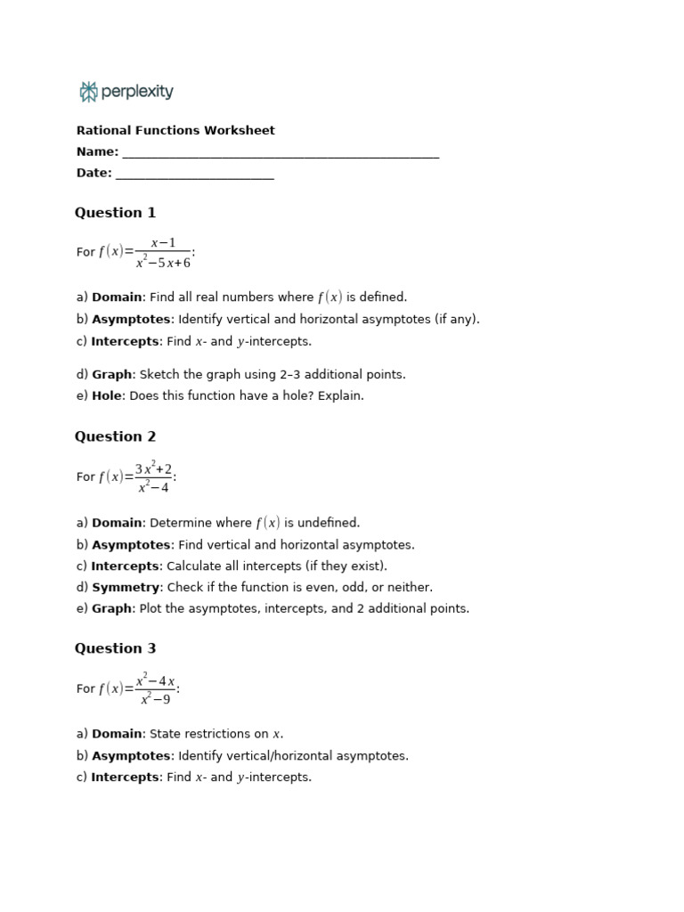 Rational Functions Analysis Worksheet | PDF