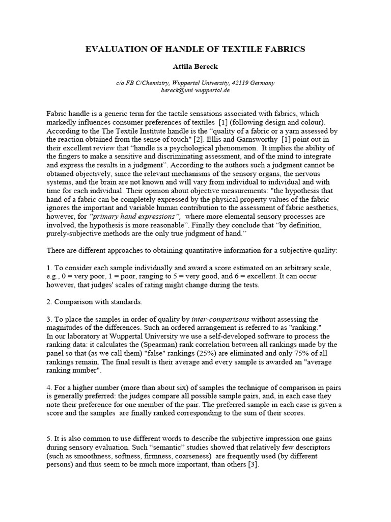 Evaluation of Handle of Textile Fabrics | PDF