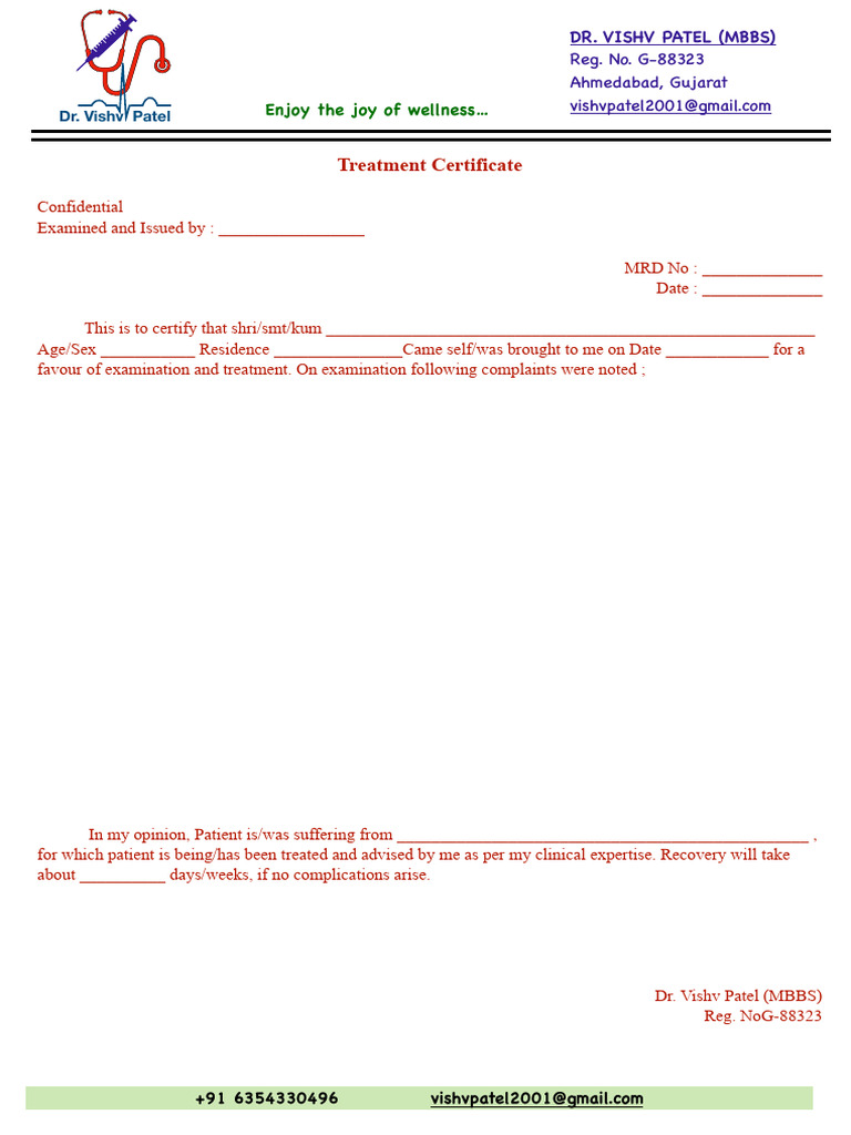 Treatment Certificate by Dr. Vishv Patel | PDF