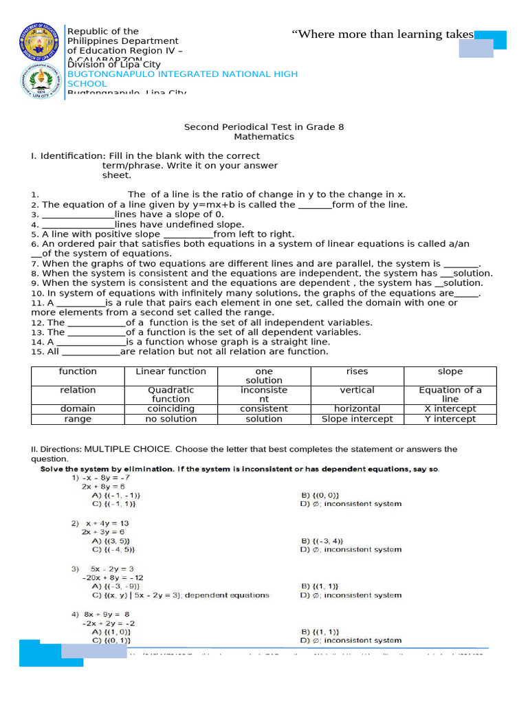 Grade 8 Math Periodical Test Guide | PDF | Function (Mathematics) | Slope