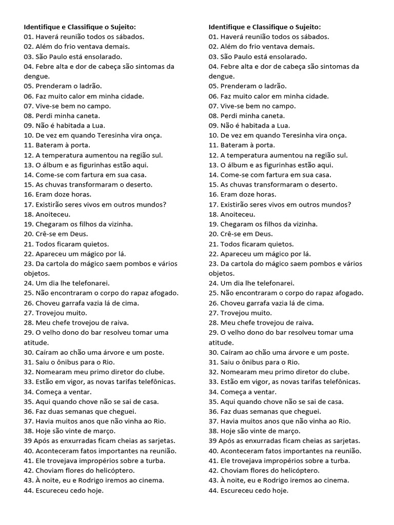 Identifique e Classifique o Sujeito 8 | PDF