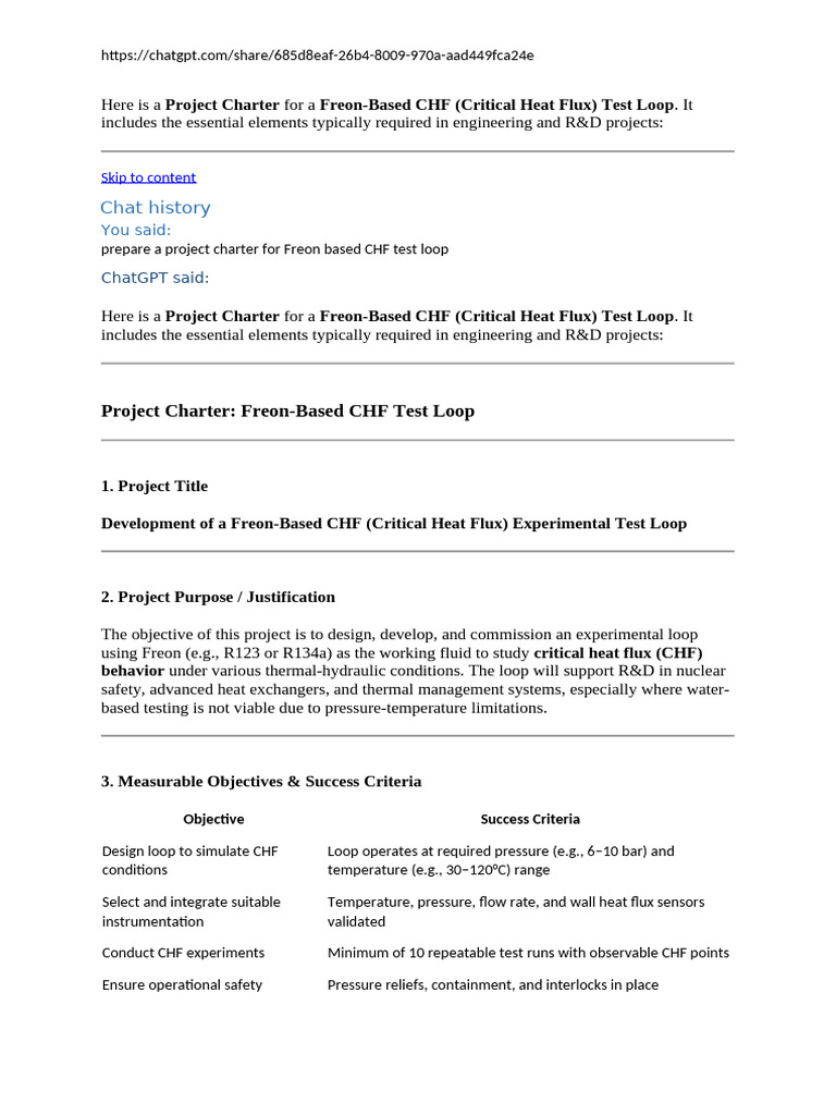 Chat History: Project Charter: Freon-Based CHF Test Loop | PDF | Boiling