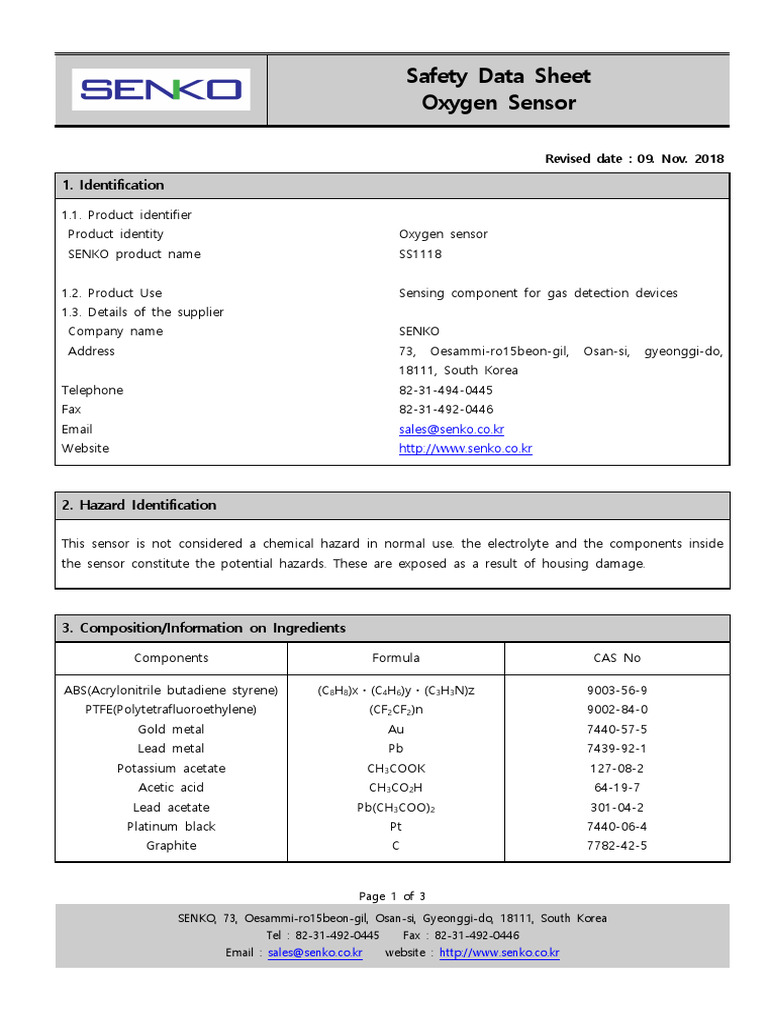 PS-3217 Oxygen Sensor MSDS | PDF | Lead | Materials