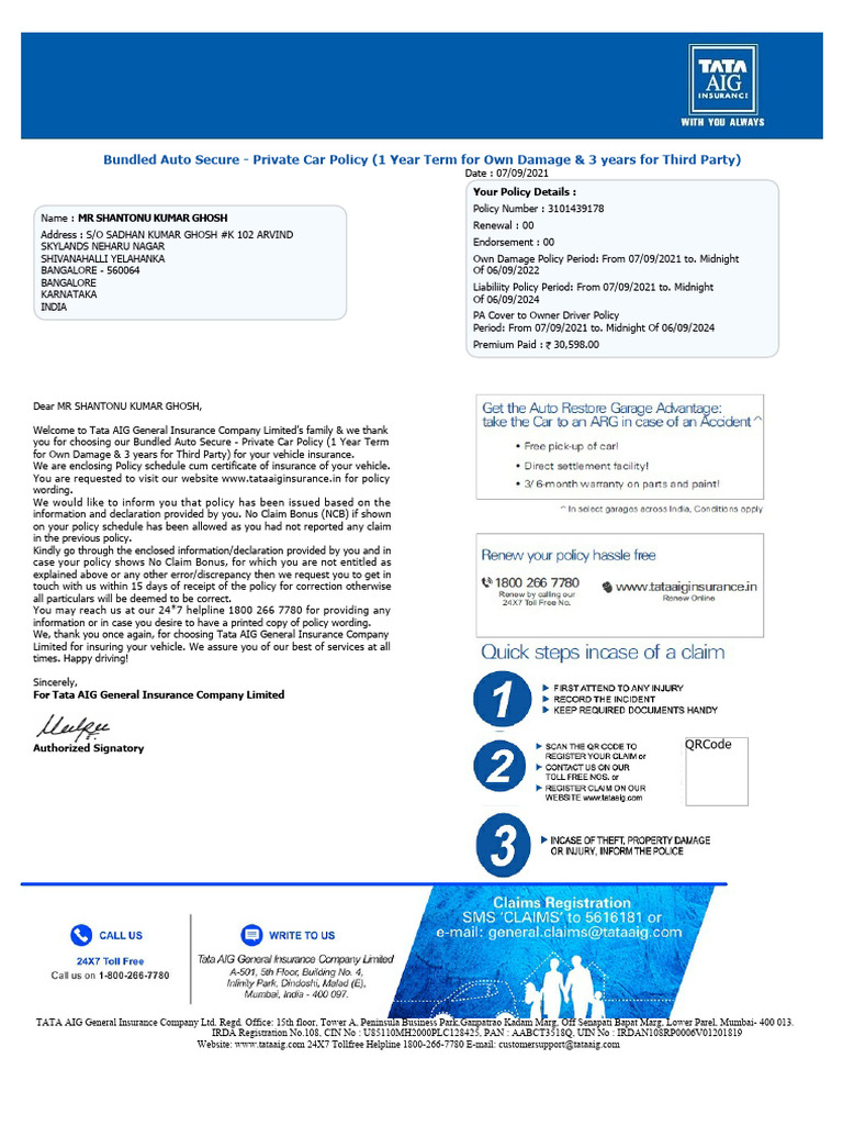 Bundled Auto Secure Private Car Policy (1 Year Term For Own Damage & 3 ...