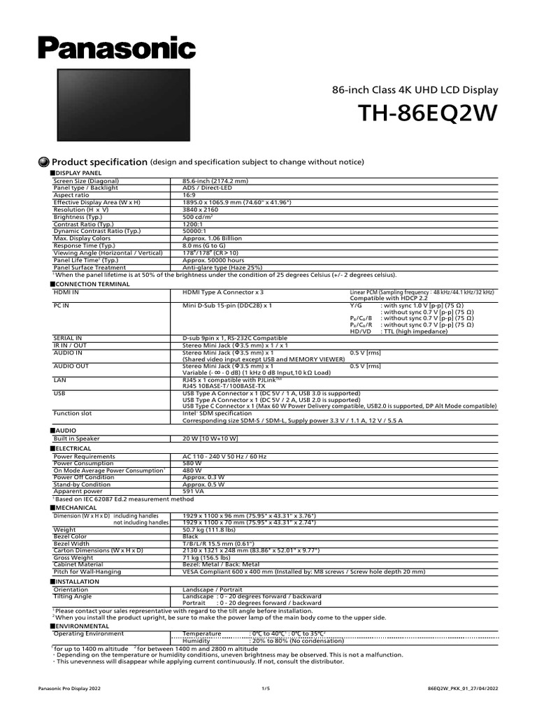 Panasonic TH-86EQ2W Display Specs | PDF | Hdmi | Usb
