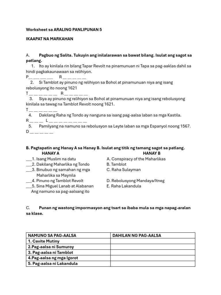 Worksheet Sa ARALING PANLIPUNAN 5 - wk5 6 | PDF