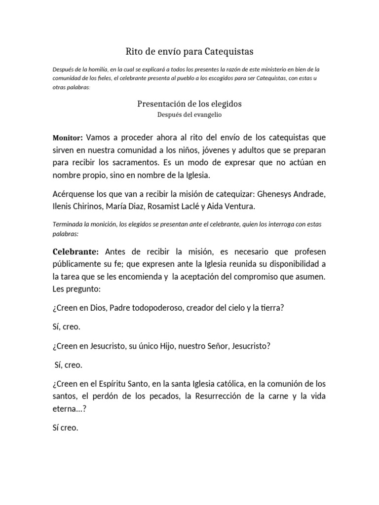 Rito de Envío para Catequistas | PDF | Iglesia Católica | Creencia ...
