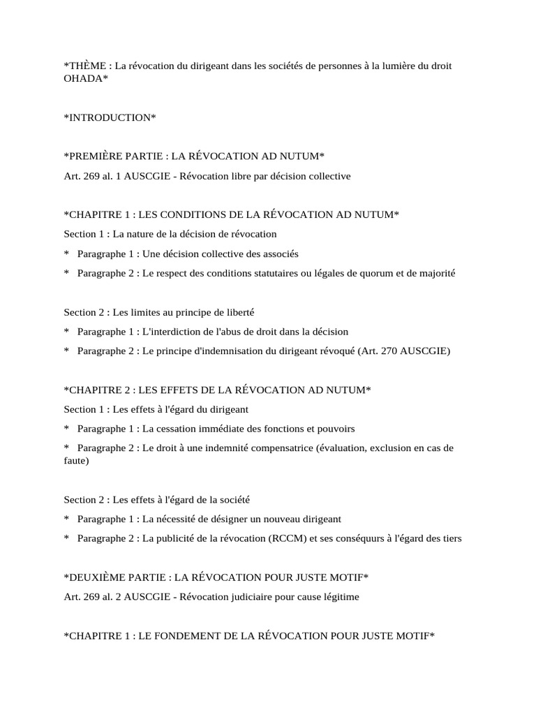 Révocation du Dirigeant : Ad Nutum et Juste Motif | PDF