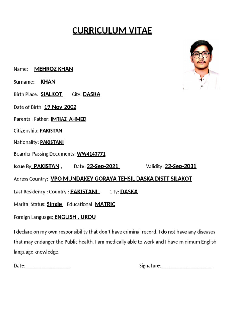 Pakistan CV for Job Applications | PDF
