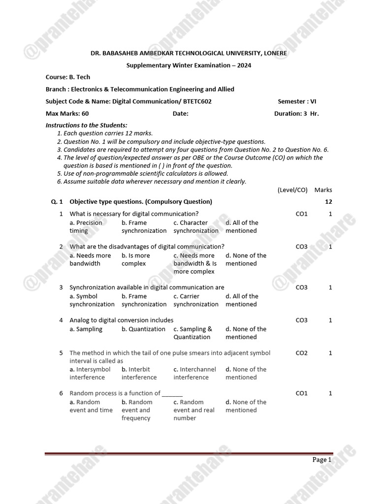 Digital Communication Exam Paper 2024 | PDF | Modulation | Radio Technology