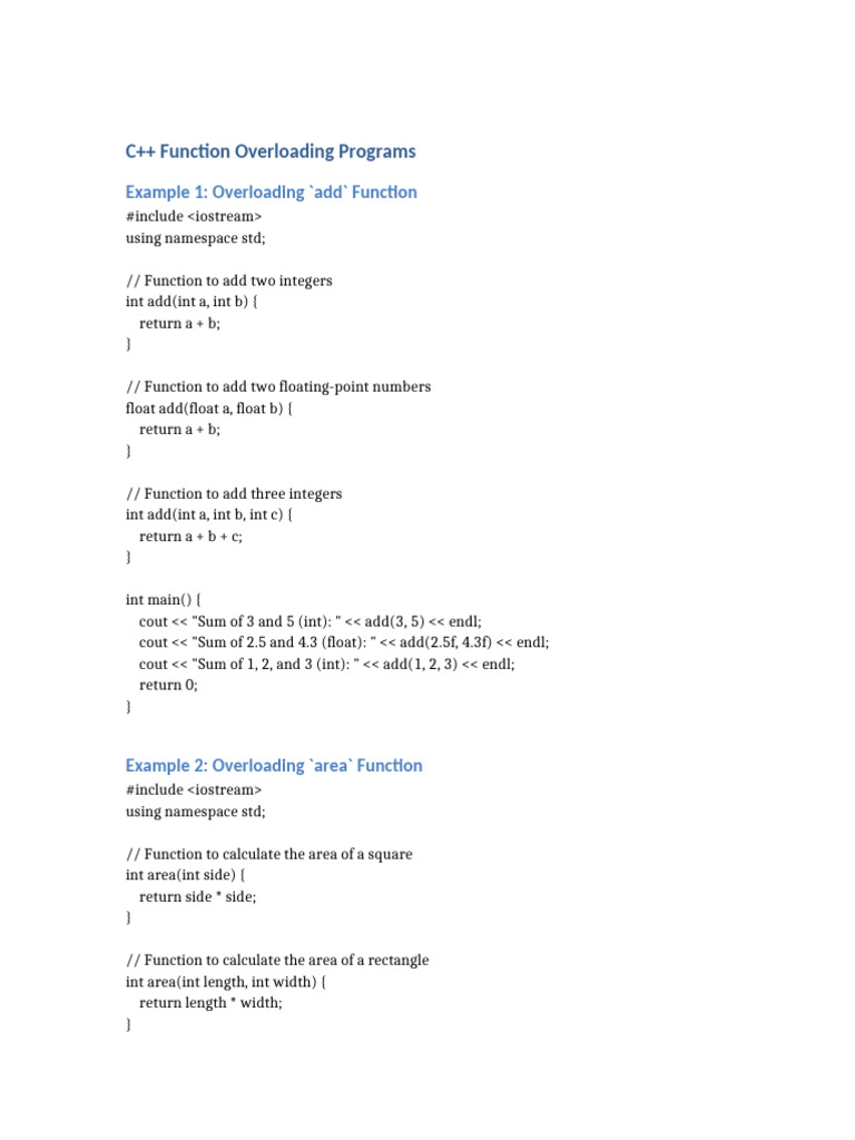C++ Function Overloading Programs | PDF | Integer (Computer Science) | Area