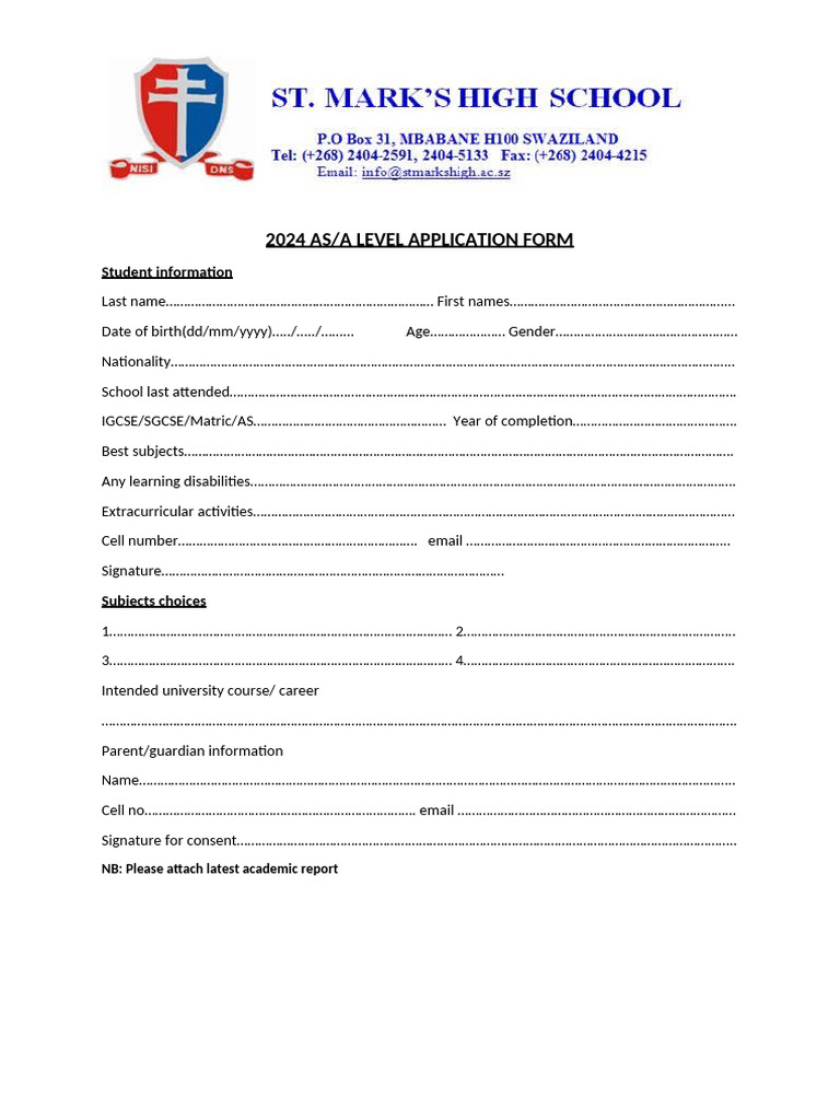 Grade 6 Application Form 2026 | PDF