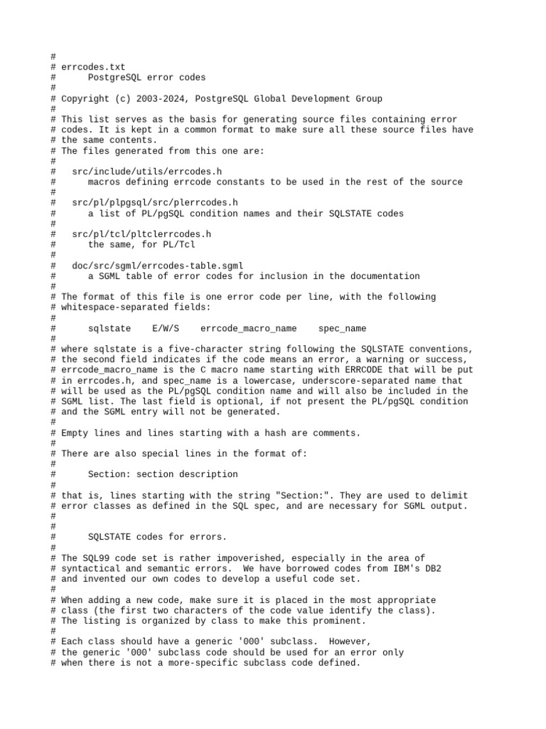 PostgreSQL Error Codes Overview | PDF | Computer Programming | Computing