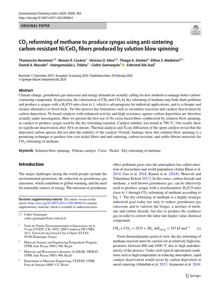 CO2 Reforming of Methane To Produce Syngas Using Anti-Sintering Carbon ...