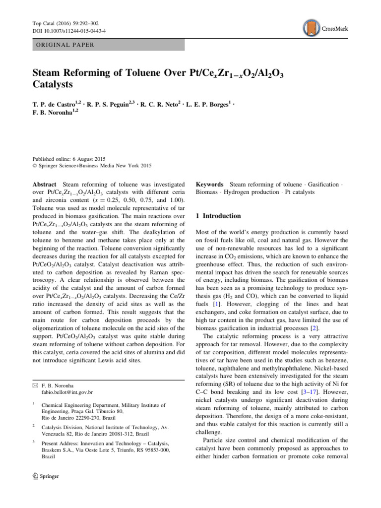 Steam Reforming of Toluene Over PtCe X Zr1 X O2Al2O3 Catalysts | PDF ...