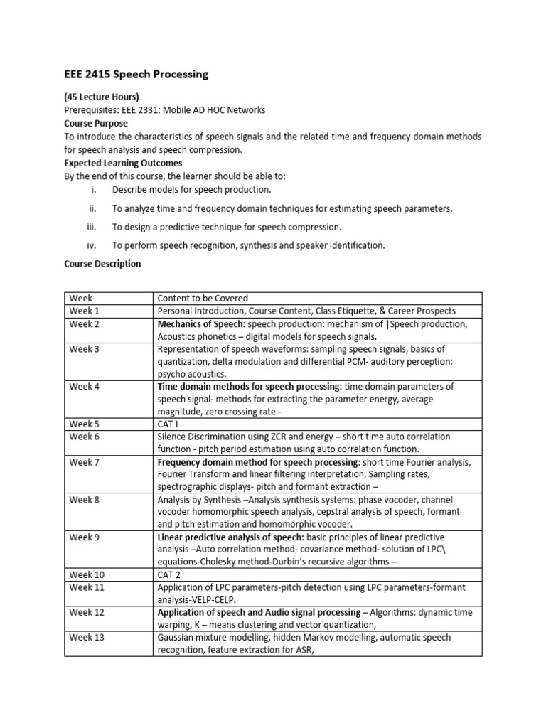 Week-1 EEE 2415 Speech Processing - Course Content | PDF | Signal ...