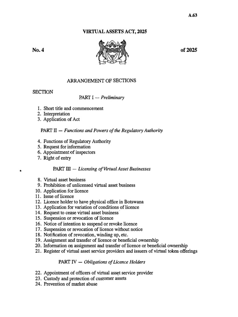 Botswana Virtual Assets Act 2025 | PDF | Cryptocurrency | Market Maker