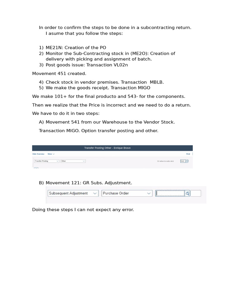 Subcontracting Return Process in SAP MM | PDF