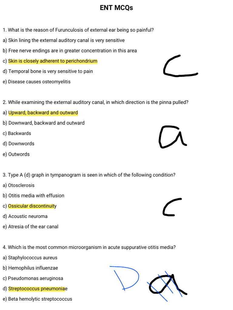 ENT MCQs for Medical Students | PDF | Human Nose | Ear