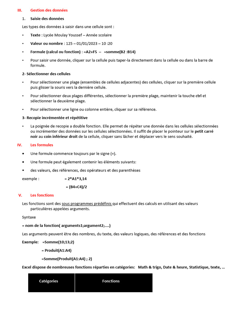 Gestion des données et formules Excel | PDF | Mathématiques