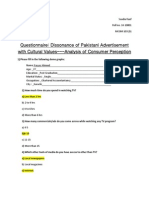 Questionnaire: Dissonance of Pakistani Advertisement With Cultural Values - Analysis of Consumer Perception