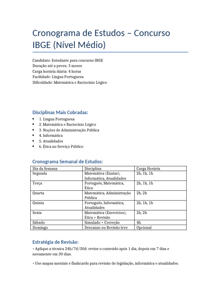 Cronograma de Estudos para Concurso IBGE | PDF