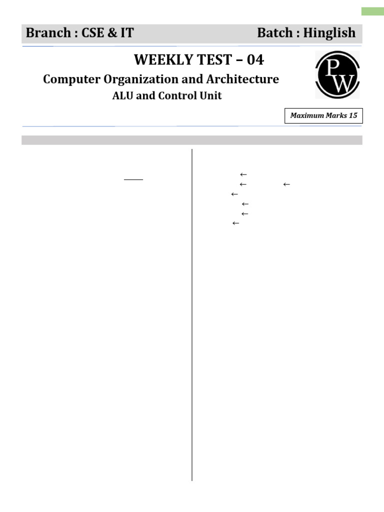Weekly Test on Computer Architecture | PDF | Computer Programming ...