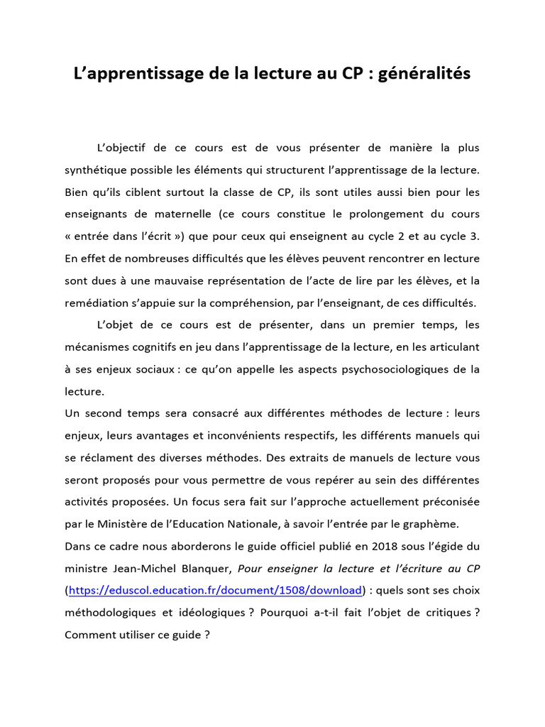 Apprentissage de la lecture au CP | PDF | Méthode syllabique ...