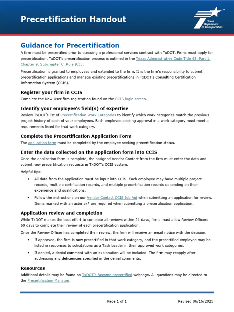 TxDOT Precertification Guidance | PDF | Computing