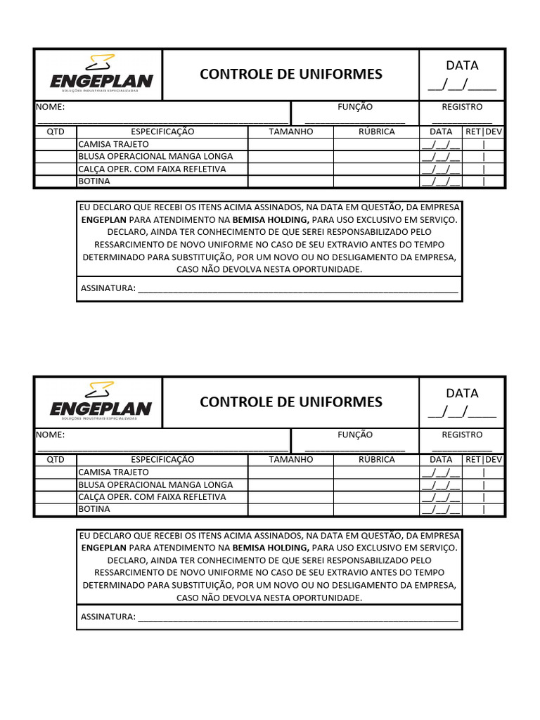 Controle de Uniformes da Engeplan | PDF