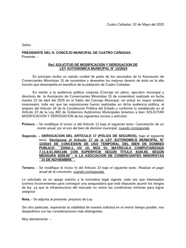 Solicitud de Modificación Ley Municipal | PDF | Gobierno