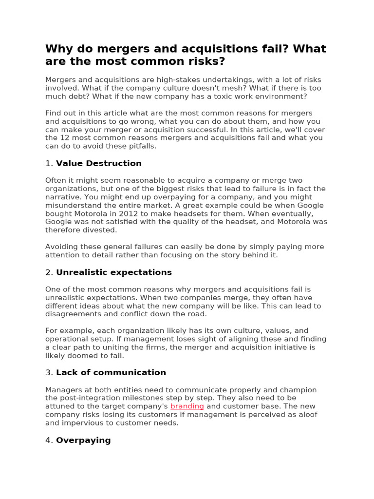 Why Do Mergers and Acquisitions Fail | PDF | Mergers And Acquisitions ...