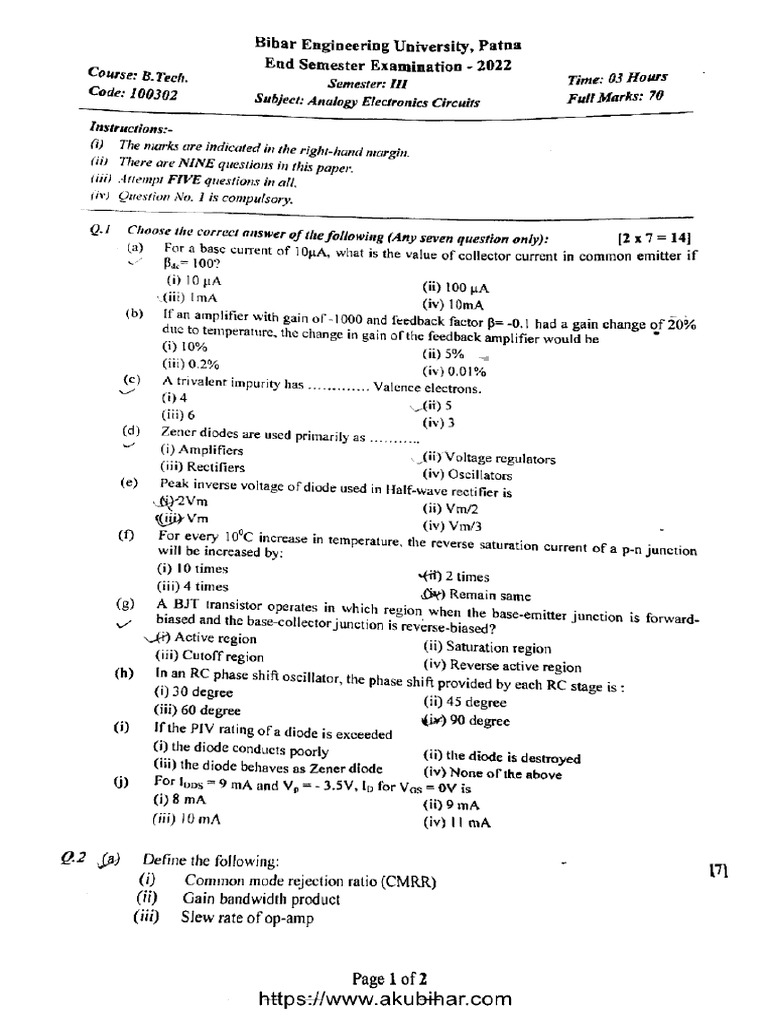 Btech 3 Sem Analogy Electronics Circuits 100302 2022 | PDF