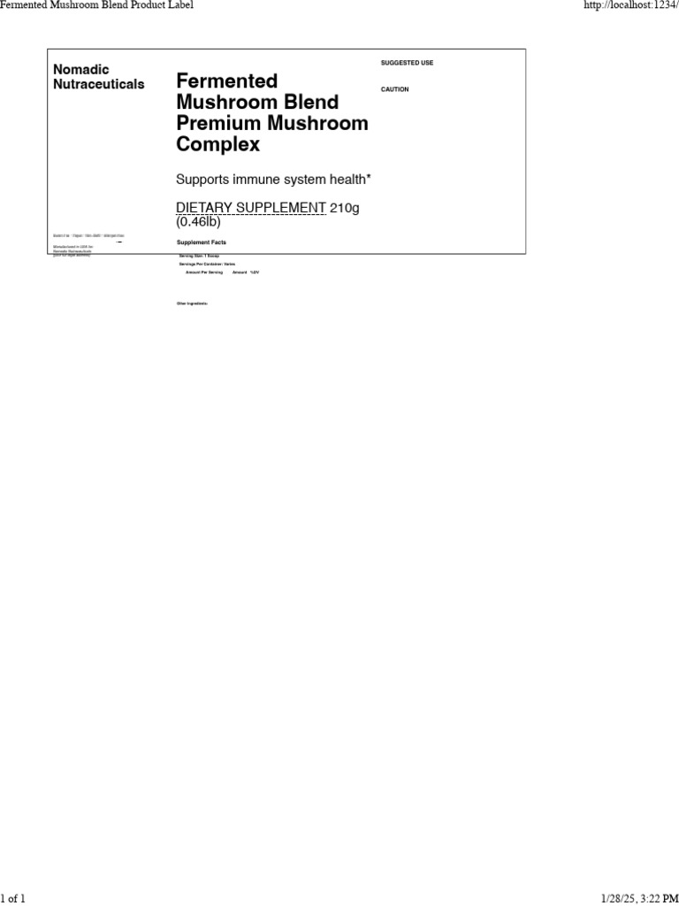 Fermented Mushroom Blend Product Label | PDF | Nutraceutical | Mushroom