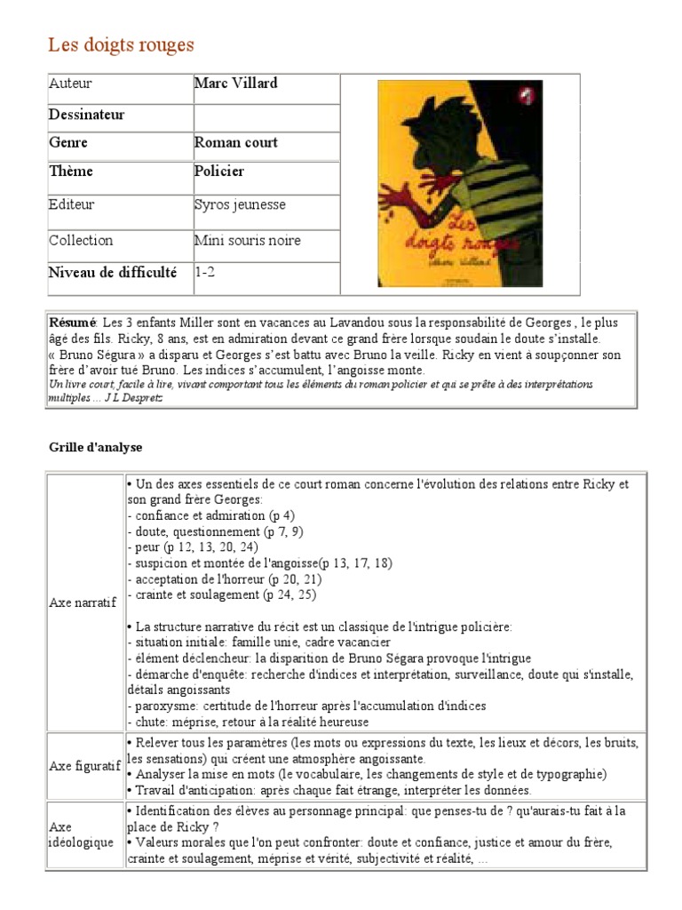 Les Doigts Rouges Questionnaire Ce2 Les Doigts Rouges! | Lecture (Processus) | Lexique