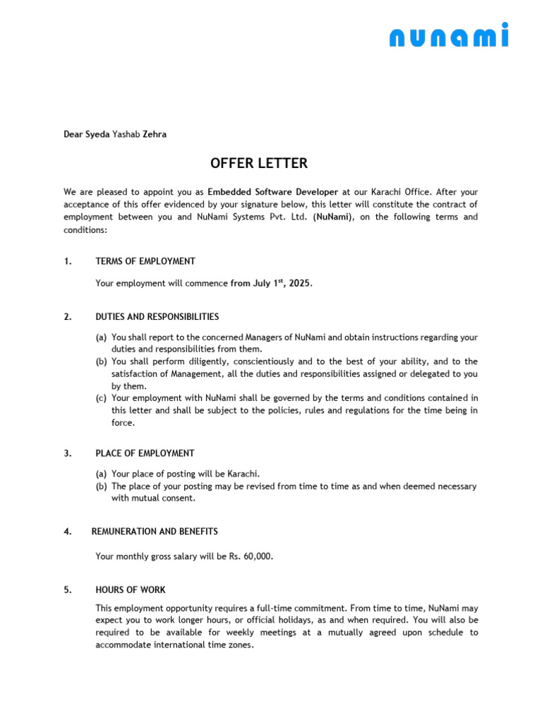 Offer Letter for Embedded Developer | PDF | Employment | Labor