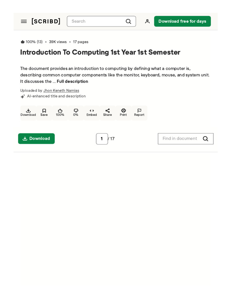 Document618644383introduction To Computing 1st Year 1st Semester | PDF