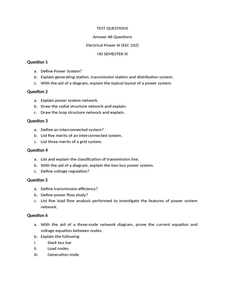 EEC 242 Power Generation Test Questions | PDF