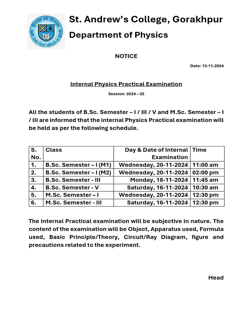 St. Andrew's College Physics Exam Schedule | PDF