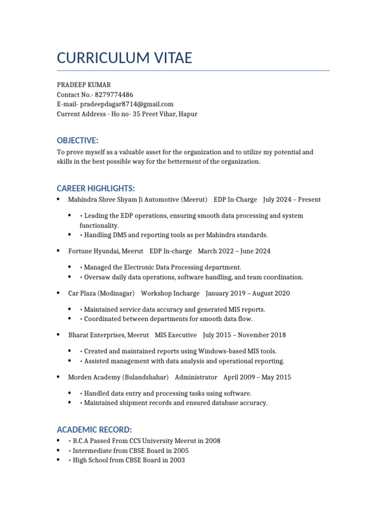 Pradeep Kumar CV | PDF