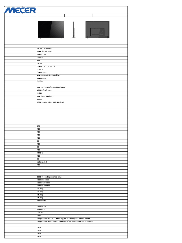55-Inch Meccer Smart Monitor Specs | PDF | Backlight | Electronics