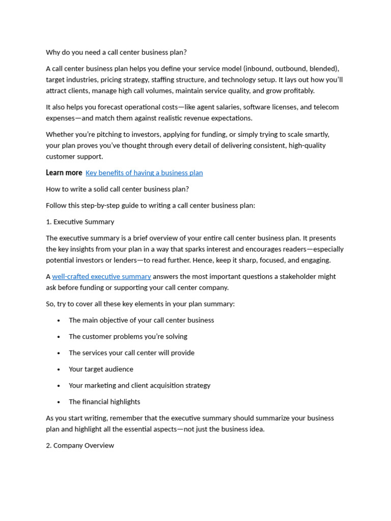 Essential Call Center Business Plan Guide | PDF | Call Centre | Equity ...
