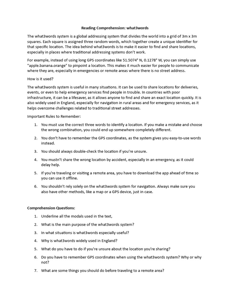 Reading Comprehension What3words | PDF
