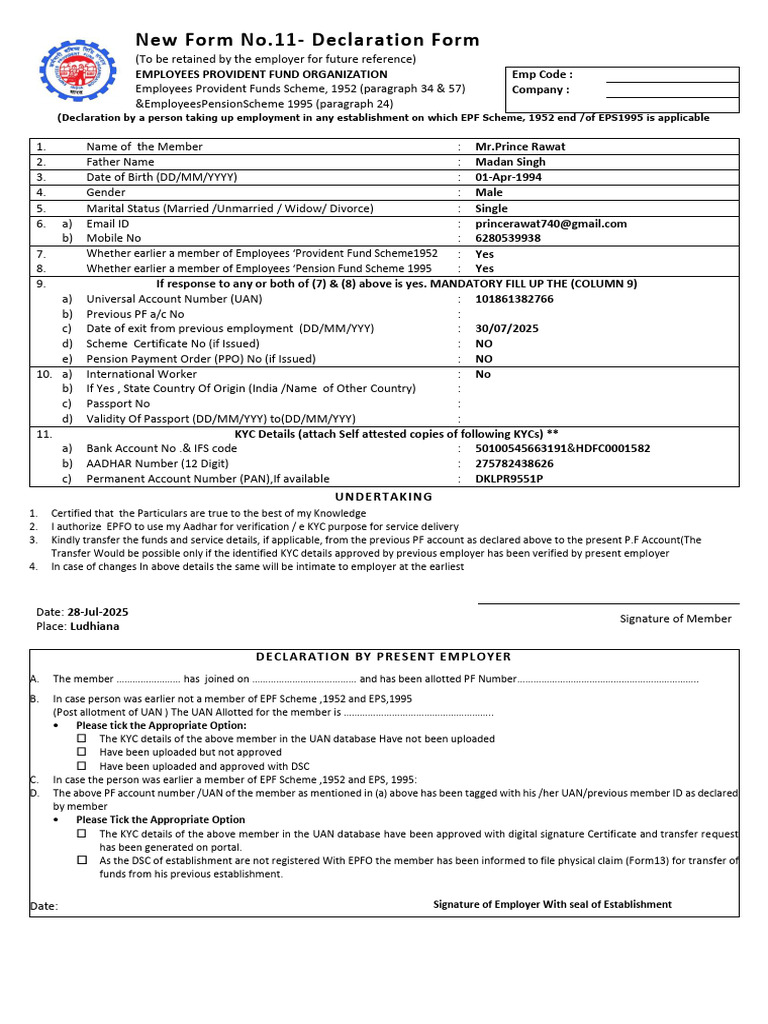 EPF Declaration Form No.11 Guide | PDF
