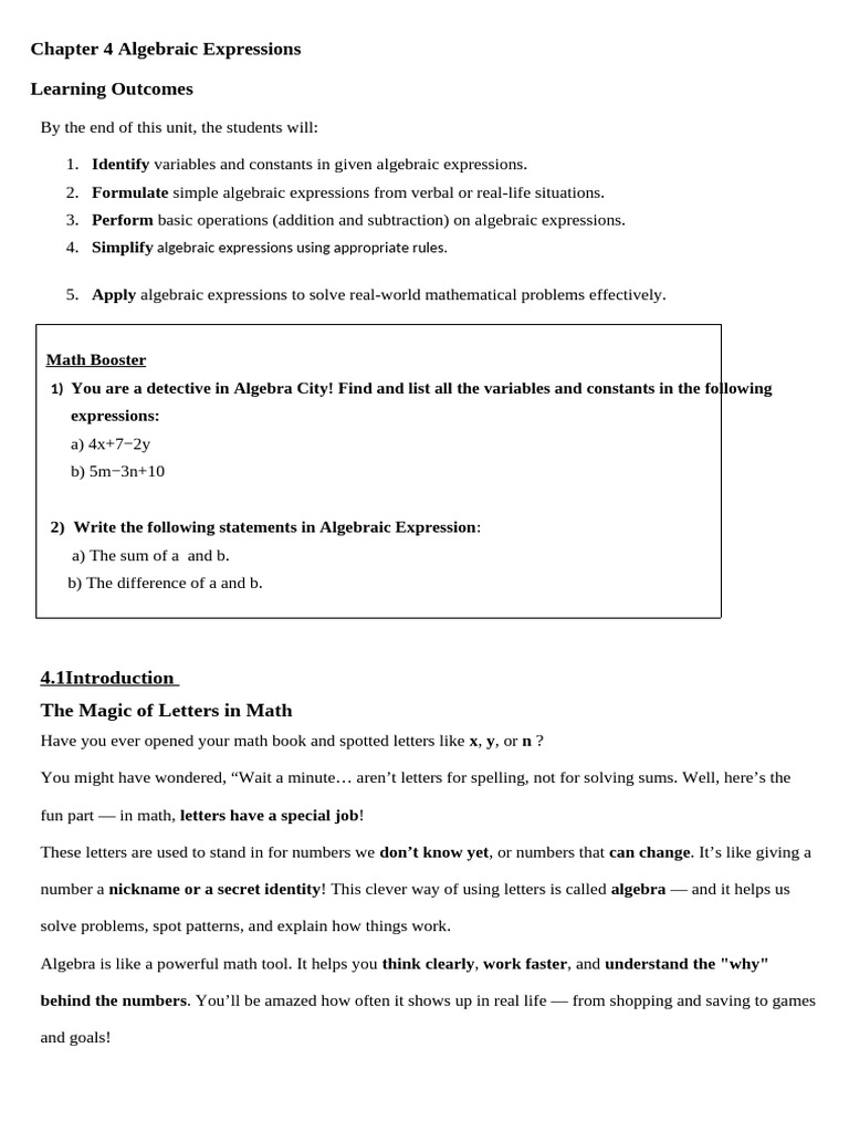 Understanding Algebraic Expressions | PDF | Algebra | Elementary ...