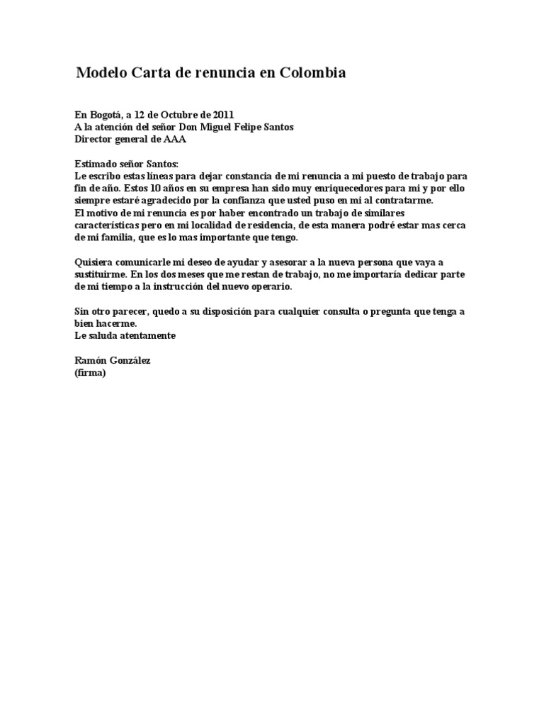 Modelo Carta de Renuncia en Colombia  Madrid