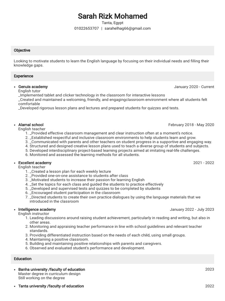 English Tutor Resume: Sarah Rizk Mohamed | PDF | Teachers | Lesson Plan