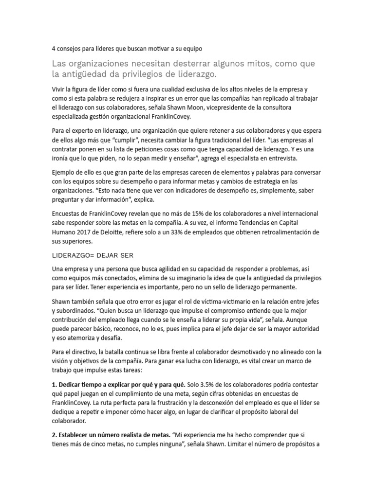 4 Consejos para Líderes Que Buscan Motivar A Su Equipo | PDF | Liderazgo